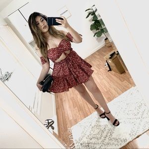 Shirred Top & Ditsy Floral Skirt Set -red